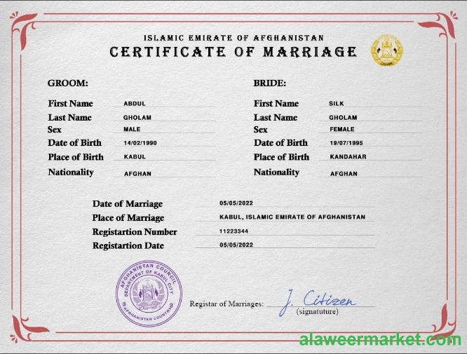 Afghanistan marriage certificate PSD